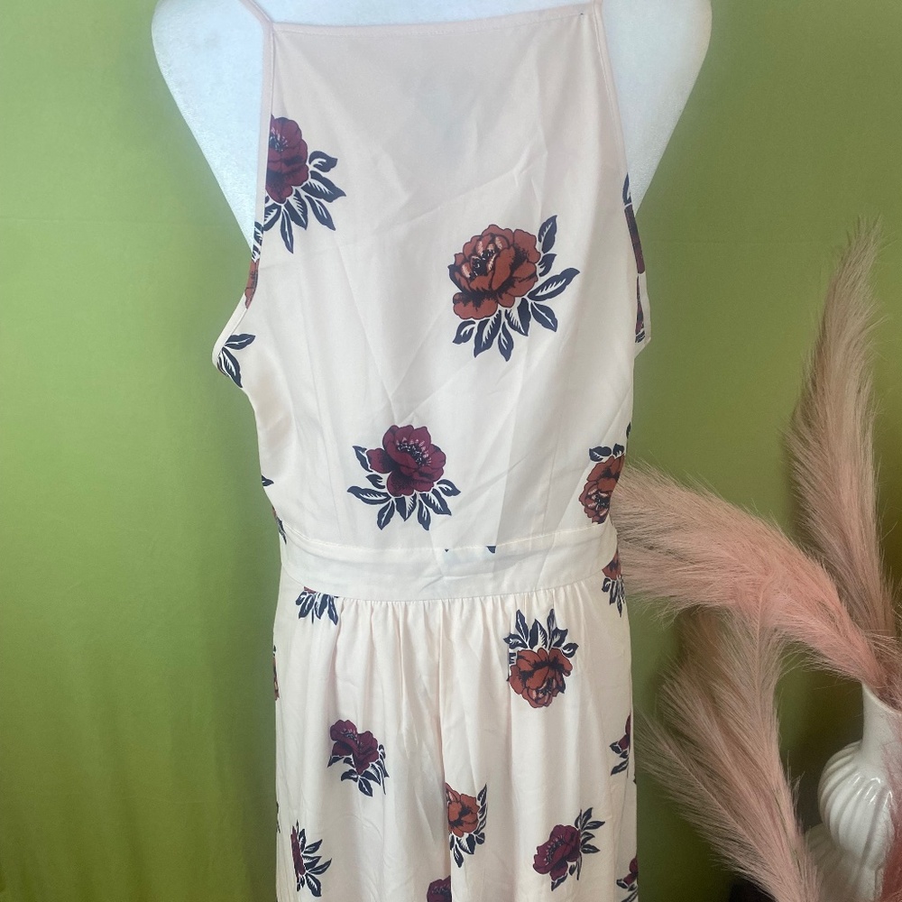 Ann Taylor Factory Floral Fit Flare Dress Size 14 Cream Red Sleeveless Midi